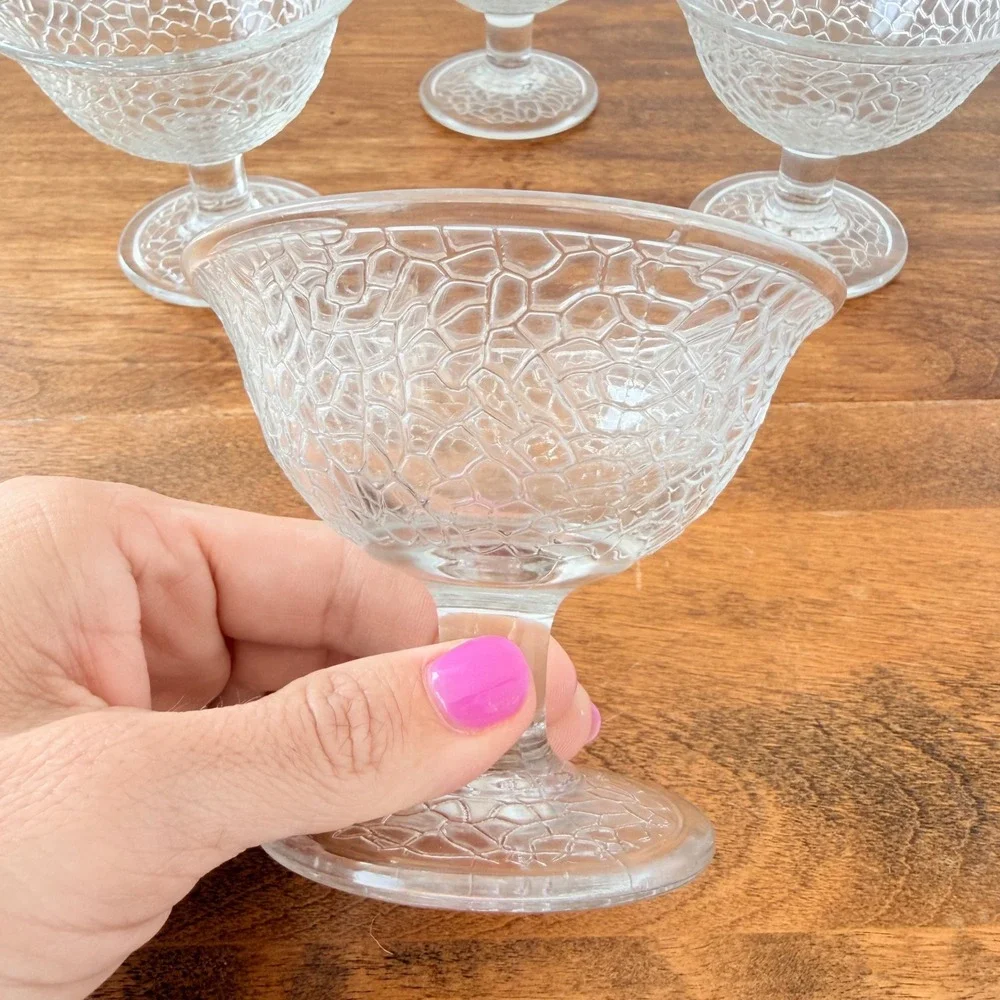 Vintage Clear Crackle Glass Dessert Bowls Set of 4 Stemmed Ice Cream Cups 4in